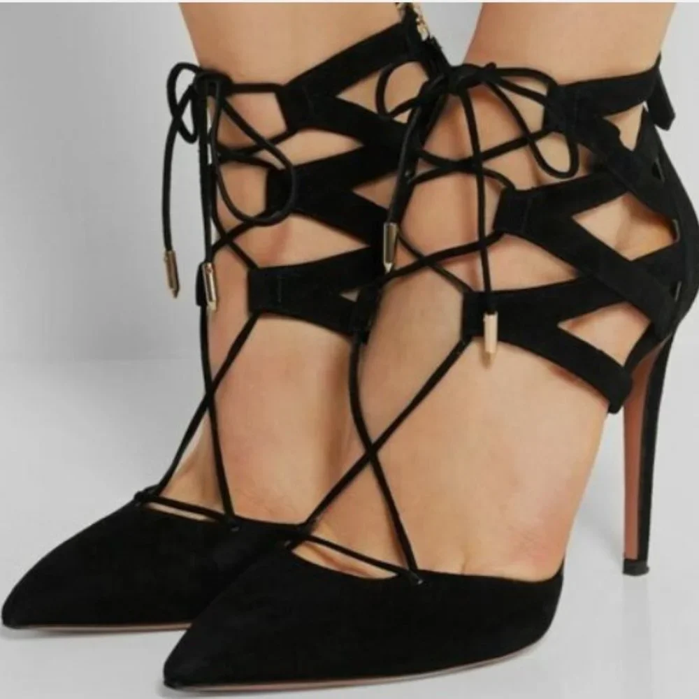 AQUAZZURA Belgravia Suede Black Strappy Heels Stiletto - BRAND NEW NEVER WORN - Picture 1 of 15
